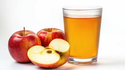Fototapeta premium Glass of apple juice and two apples on a white background