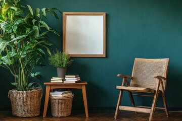 Fototapeta premium Minimalist interior design blank picture frame on a teal wall wooden side table with books