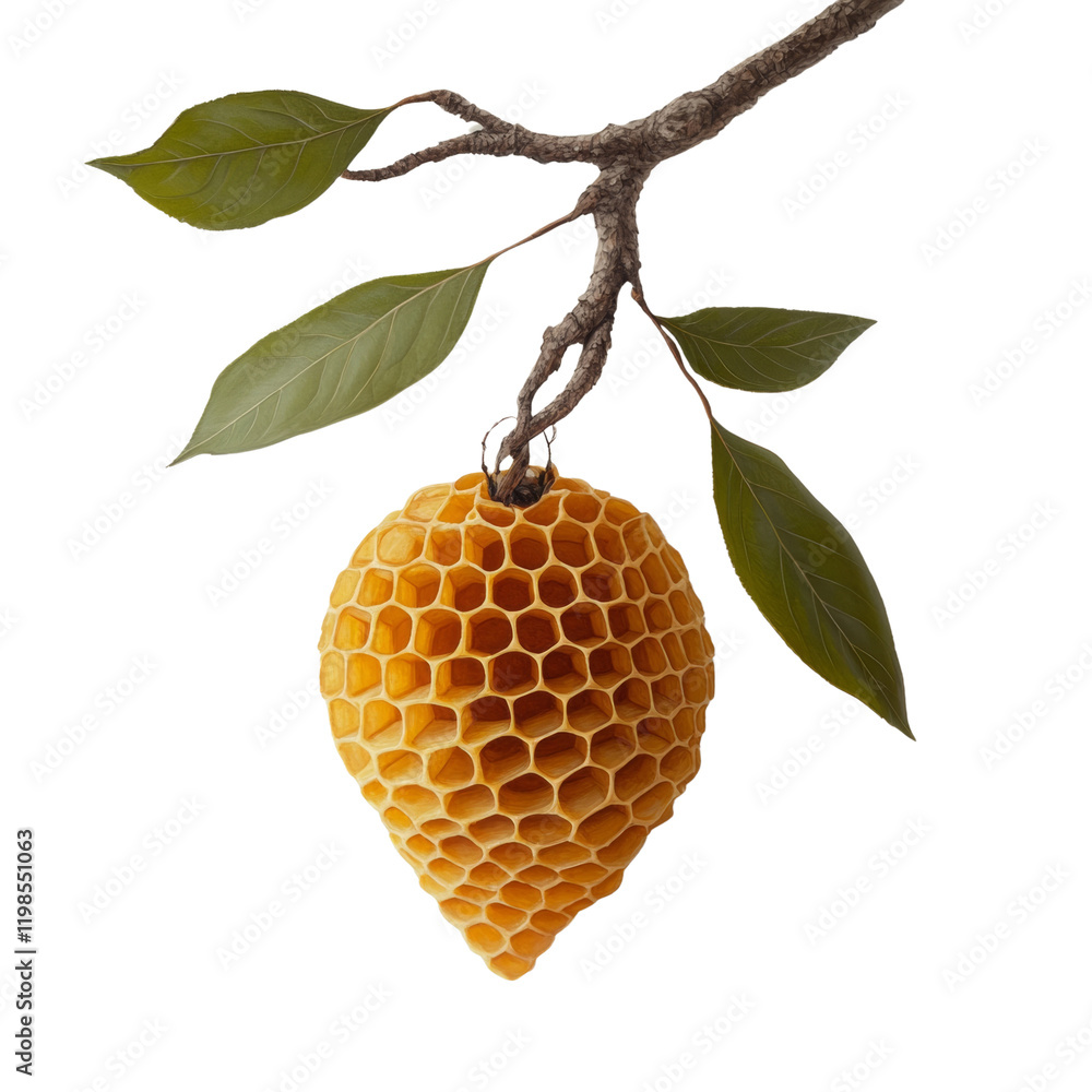 Poster a detailed image showcasing a honeycomb hanging from a tree branch with several leaves, set against 