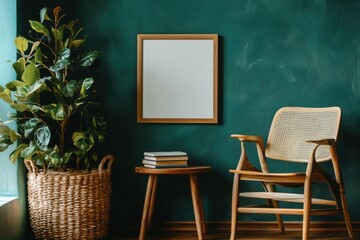 Minimalist interior design blank picture frame on a teal wall wooden side table with books