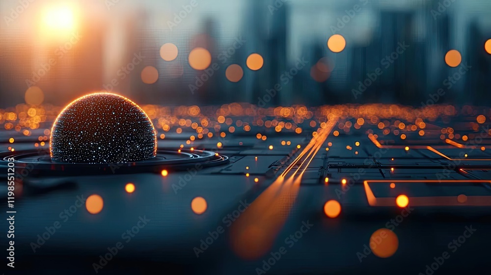 Poster dust pollution concept. a futuristic circuit board with glowing elements and a central sphere.