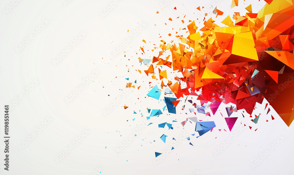 Poster vibrant geometric shapes burst from a white background, creating a dynamic, abstract composition.