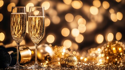Glamorous Gold and Black: A luxurious New Year party theme with golden decorations, black velvet table settings, and sparkling champagne glasses under shimmering fairy lights
