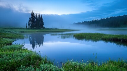 Fototapeta premium Gentle fog enveloping tranquil meadow early morning nature scene peaceful landscape serene viewpoint captivating concept