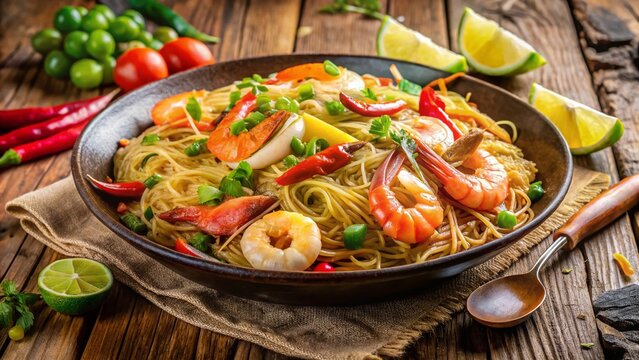 Delicious Seafood Pancit Bihon: Freshly Cooked Filipino Noodles