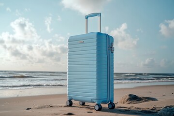 Light blue suitcase on sandy beach by ocean.
