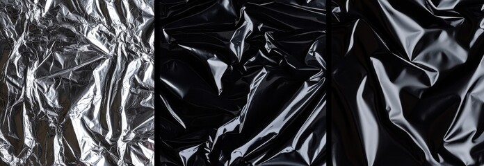 Abstract texture of crumpled silver and black plastic sheets.