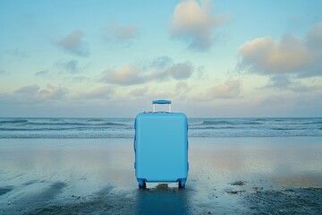 Blue suitcase on a tranquil beach at sunset.