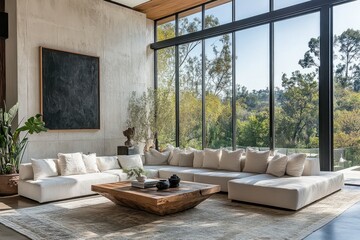 Fototapeta premium Minimalist living room elegant design neutral tones cozy ambiance large windows natural light potted plants