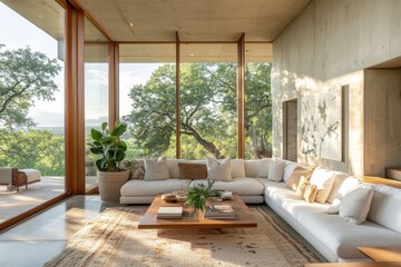 Fototapeta premium Minimalist living room elegant design neutral tones cozy ambiance large windows natural light potted plants