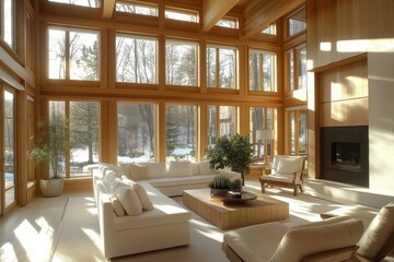 Minimalist living room elegant design neutral tones cozy ambiance large windows natural light potted plants