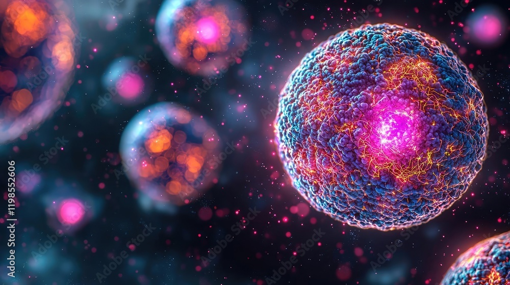 Poster dust pollution idea. vibrant digital illustration of colorful cells in a dynamic microscopic view.