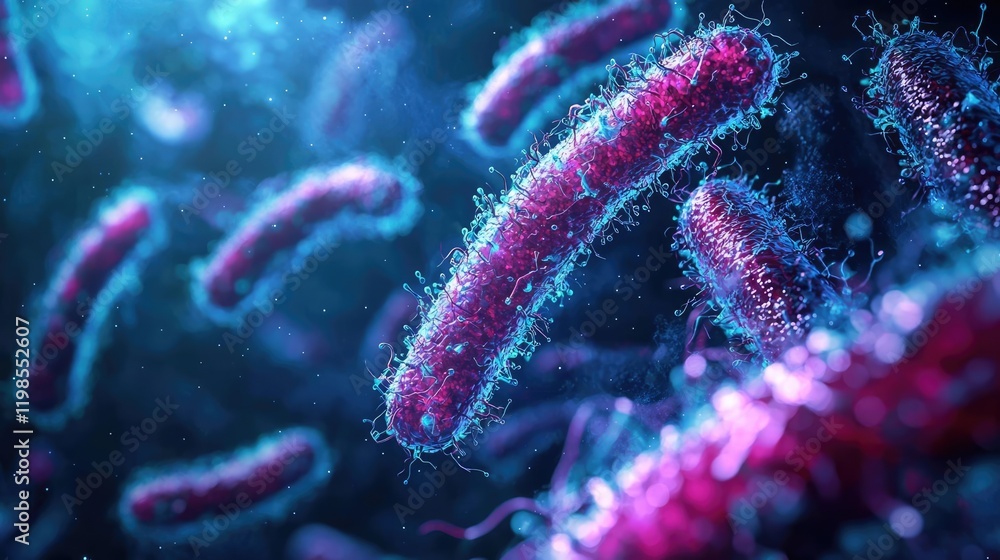 Poster dust pollution idea. close-up view of colorful bacteria in a vibrant microscopic environment.