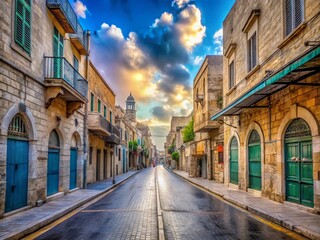 Obraz premium Deserted Jerusalem Street: Nakhalat Tsiyon Lockdown, Covid-19 Pandemic, Clear Sky