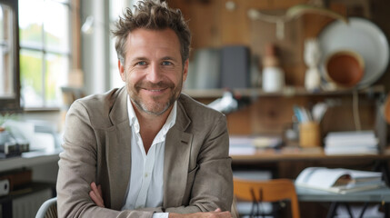 Naklejka premium Smiling middle-aged businessman in a bright modern cafe sitting at a table enjoying coffee 