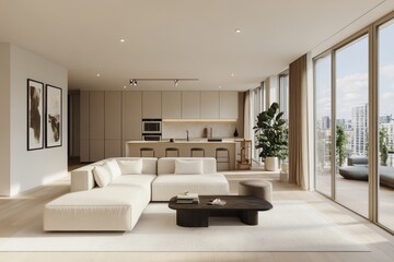 Modern apartment interior minimalist design open-concept living space