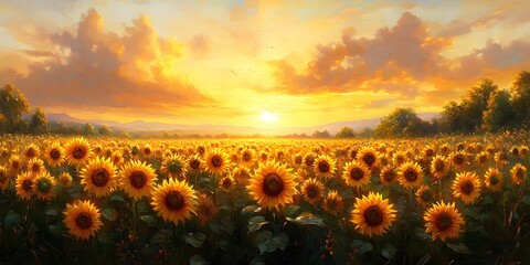 Obraz premium Sunflower Field at Sunset - Generative AI