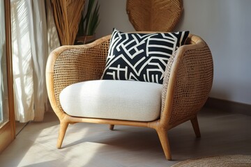 Modern interior design, geometric patterned armchair, light wood flooring