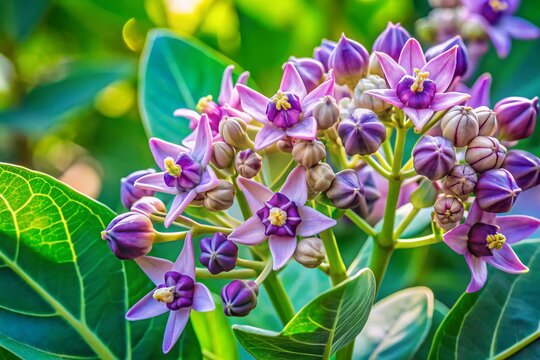 Double Exposure: Calotropis Gigantea Blooming Purple Flowers & Milkweed Plant
