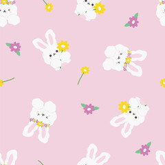 cute bunny pattern with flower on pink background