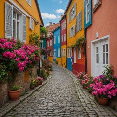 Obraz premium A charming cobblestone street lined with colorful houses and blooming flowers.