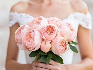 beautiful bridal bouquet featuring soft pink peonies, held by bride in lace wedding dress. delicate flowers symbolize love and romance, perfect for wedding day
