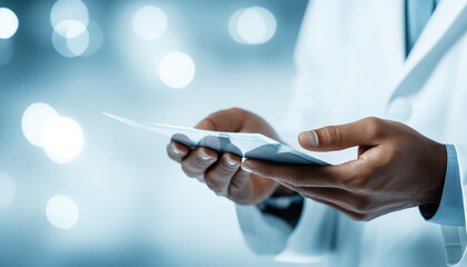 Close up of hands holding medical documents in clinical setting, conveying professionalism and care. blurred background adds sense of focus on task at hand