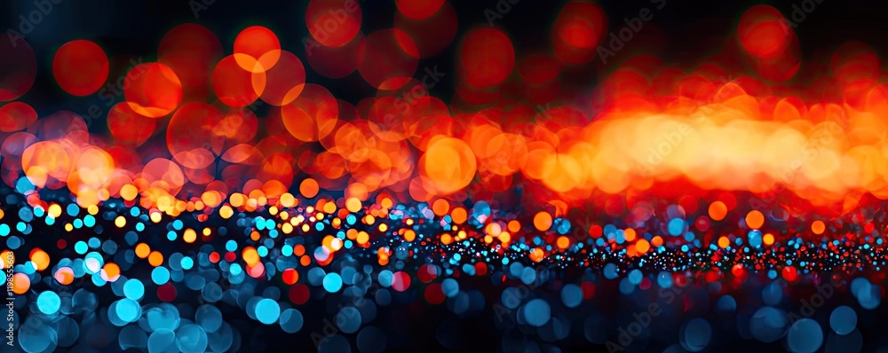 Poster dust pollution idea. a vibrant display of colorful bokeh lights in blue, orange, and red tones, crea