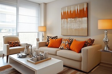 Modern living room minimalist decor beige sofa orange cushions abstract wall art white coffee table