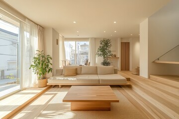 modern living room, minimalist decor, cozy atmosphere, neutral color palette, contemporary furniture