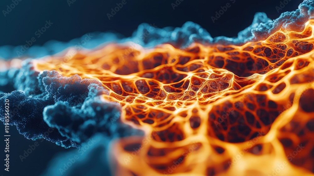 Poster dust pollution idea. abstract representation of cellular structures illuminated in vibrant orange an