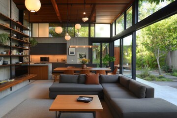 Naklejka premium Modern living room, minimalist design, grey sectional sofa, wooden coffee table