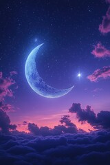 Crescent moon, star, purple clouds, night sky.