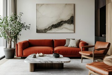 Modern living room minimalist design large red sofa marble art piece natural light