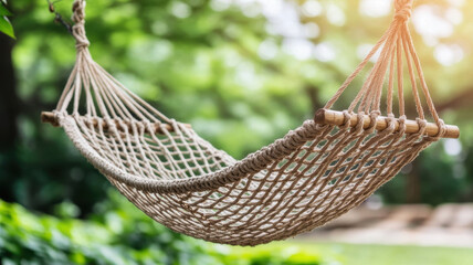 Obraz premium cozy hammock made of natural fibers, surrounded by lush greenery, invites relaxation and tranquility in serene outdoor setting