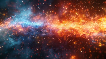 Fototapeta premium Fiery Cosmic Nebula Abstract 8K Background with Orange and Blue Sparks