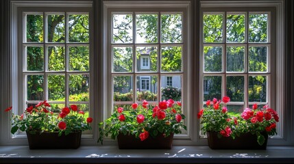 Fototapeta premium Brightly lit window view showcasing vibrant flowers in pots, with a lush garden background