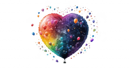 A tiny planet made of heart-shaped balloons in rainbow colors, floating serenely in the vastness of space with soft glowing stars and a distant galaxy in the background, on a white transparent backgro