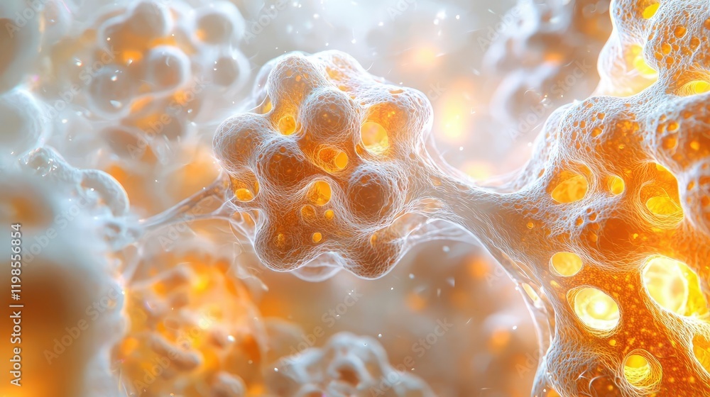 Poster dust pollution idea. close-up view of glowing cells with vibrant colors and intricate details.