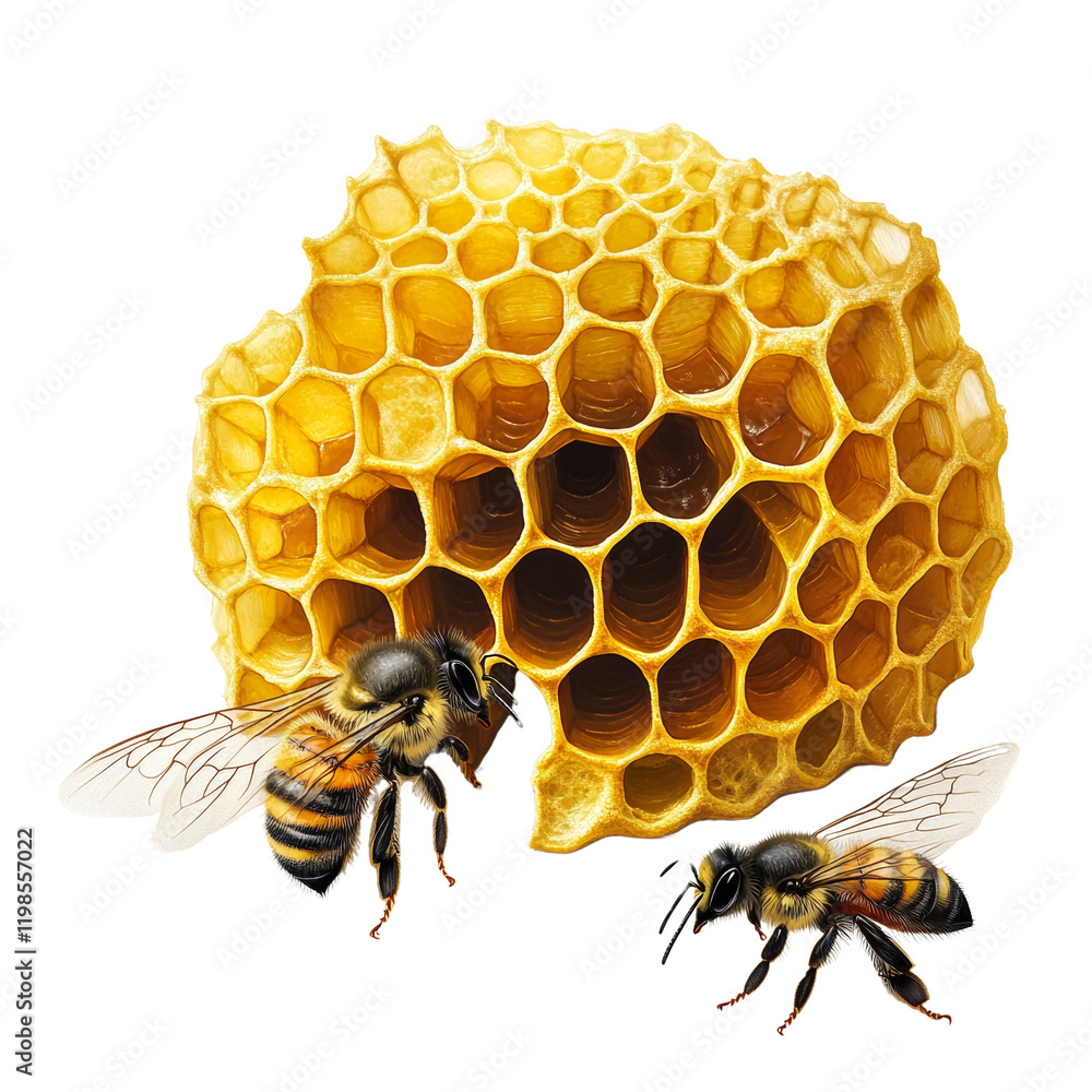 Poster Two honeybees interact with a section of honeycomb filled with honey, showcasing the intricate structure and golden hue.