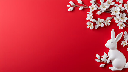 Spring celebration featuring a white rabbit amidst cherry blossoms on a red background decorative scene vibrant atmosphere