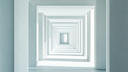 Fototapeta premium Endless white hallway with columns and light at the end.