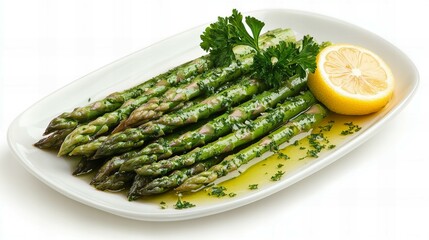 A plate of vibrant asparagus drizzled with lemon sauce, elegantly served with a sprig of parsley on a white background.