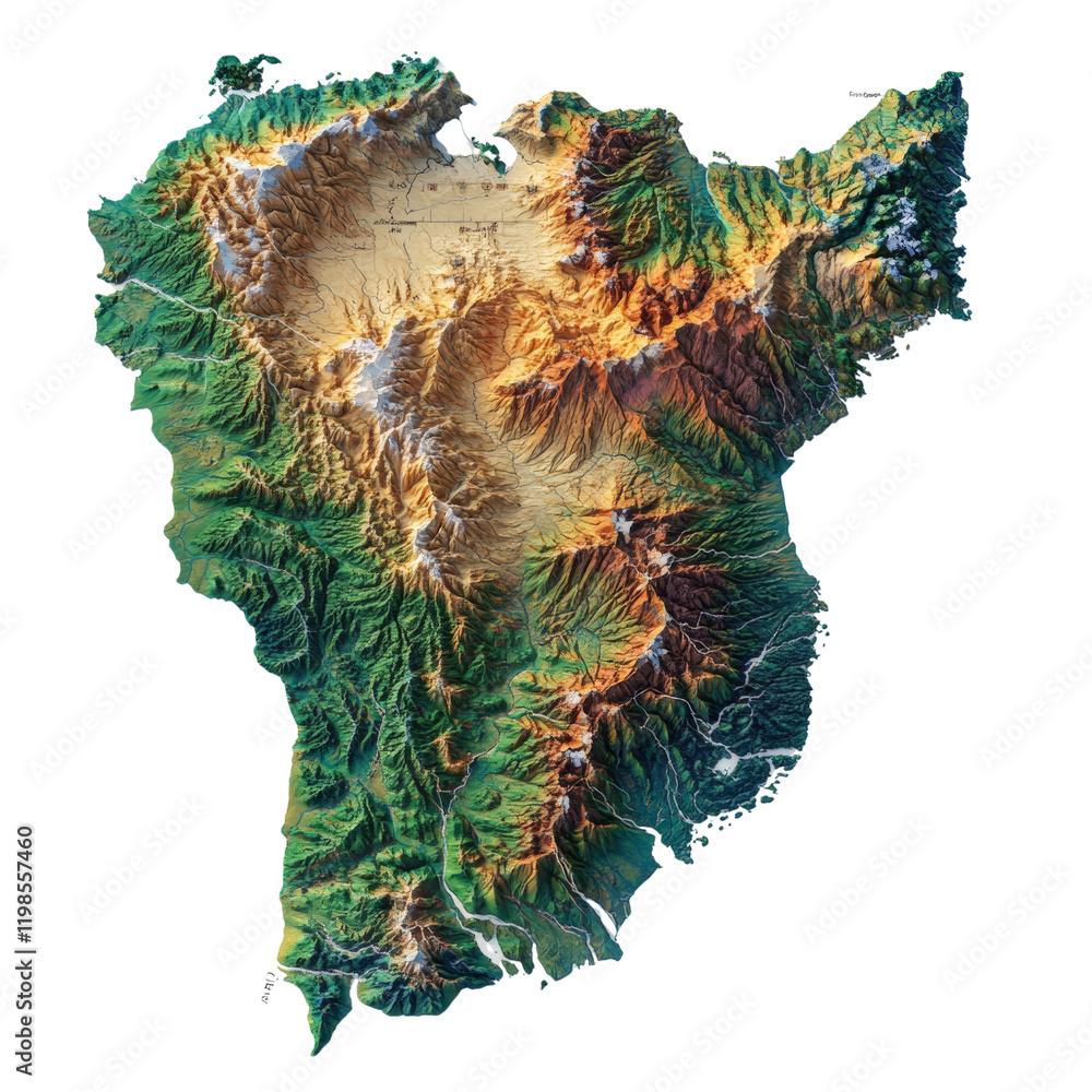 Poster a detailed three dimensional topographic map showcasing the mountainous terrain and diverse landscap