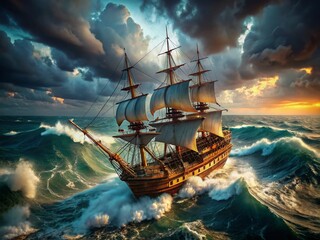 Fototapeta premium Dramatic Drone Shot: 3D Model Galleon Ship in a Tempestuous Sea
