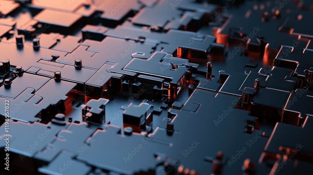 Poster abstract 3d render: dark metallic blocks and cubes, digital art