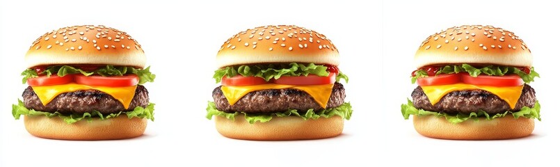 Three cheeseburgers with sesame buns, lettuce, tomato, and cheese.