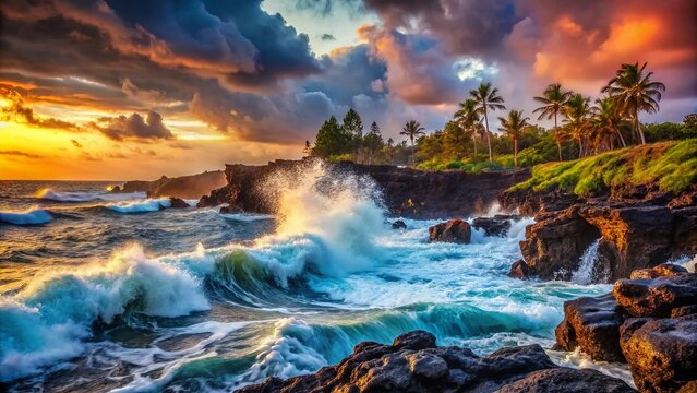 Dramatic Hawaii Volcanic Coast Waves Crashing on Lava Rocks, Hawi, Big Island