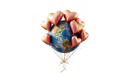 A tiny planet created from heart-shaped balloons with gold and silver accents, surrounded by stardust trails and soft, colorful space clouds, drifting peacefully in the cosmos, on a white transparent 