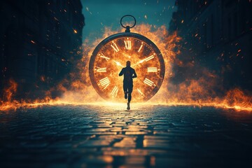 Runner Chasing Time Towards a Giant Clock